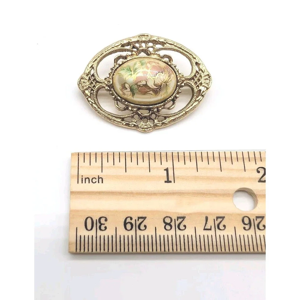 VTG Faux Pearl Gold Tone Brooch Pin Hand Painted 1928